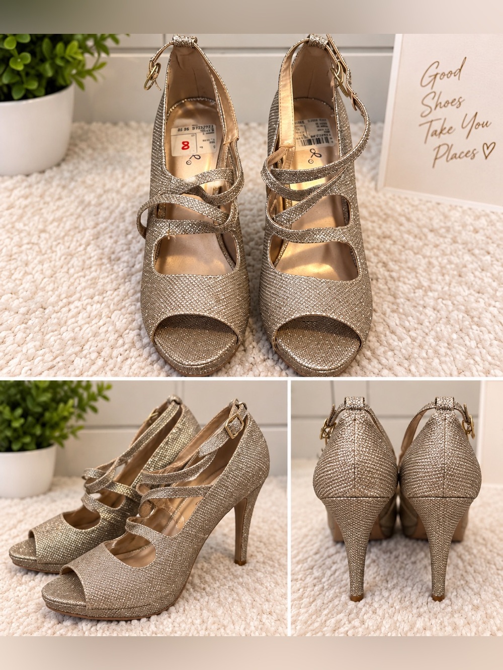 Women's Gold Strappy Peep-Toe High Heels